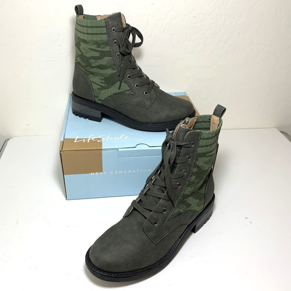 LifeStride Knockout Camo Boots Lace Up Lug Sole Booties Olive Green Size 8 NEW